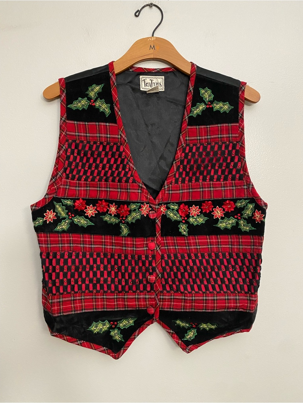 Vintage Christmas Velvet Vest Beaded Embroidered - M